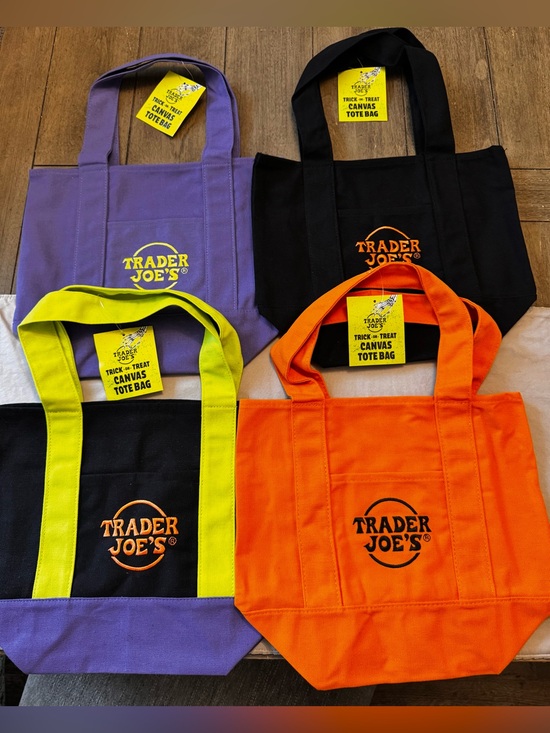 Trader Joe'S Handbags - Trader Joe's NWT Canvas 4pk mini Tote bag set Orange, Purple, Black, Neon Yello